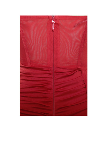 Wilma Red Satin Corset Draping Dress with Feather Strap