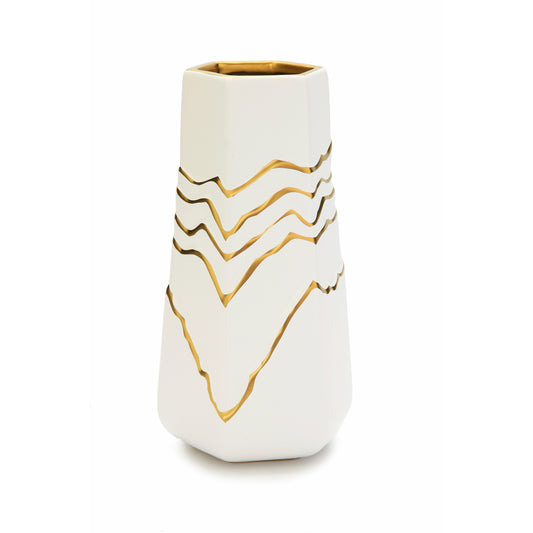 White-Gold Striped Design Bud vase 10"H