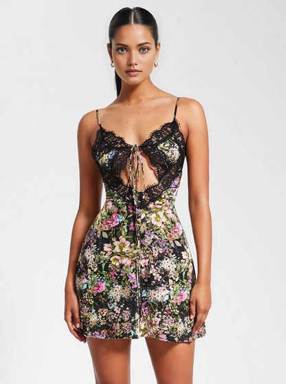 Telia Floral Print Satin Mini Dress With Lace Trim