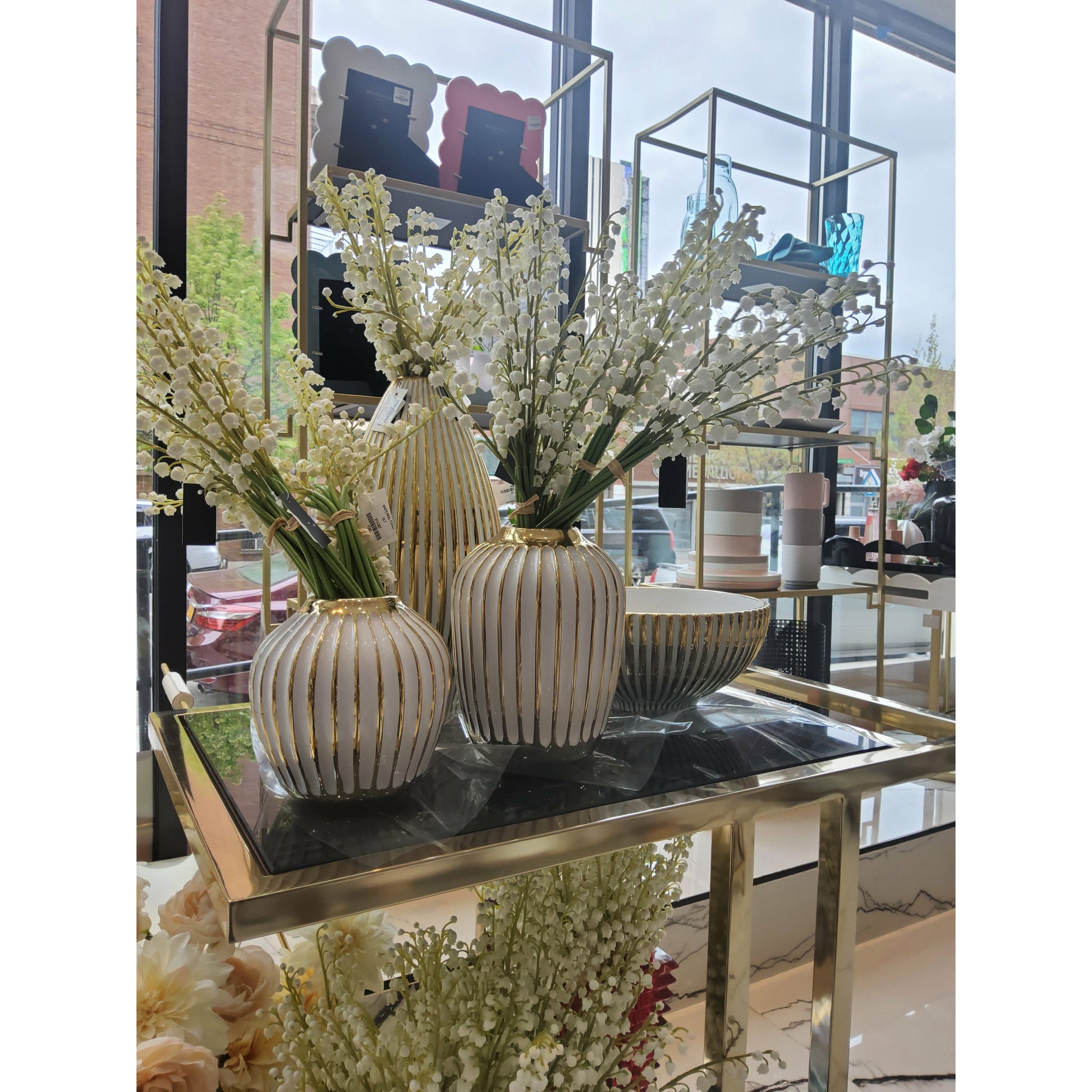 White and Gold Striped Vase  HOUSE OF SHE