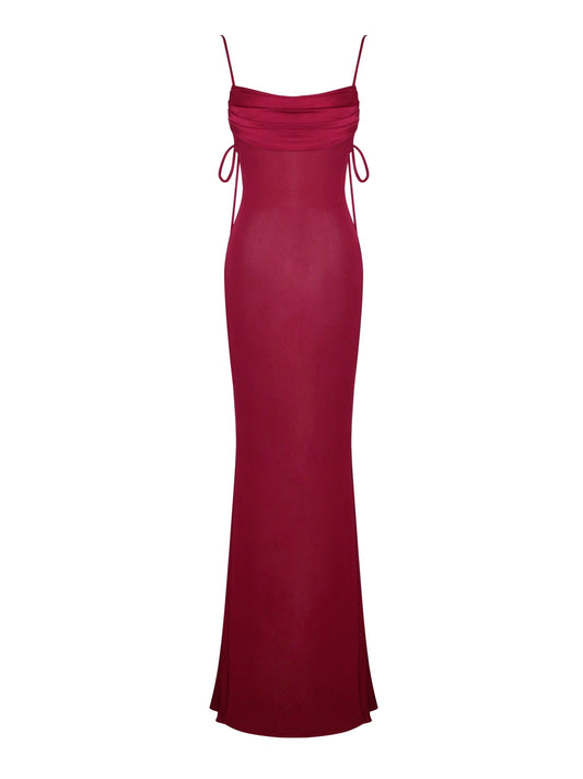 Ana Burgundy Rayon Backless Maxi Dress - HOUSE OF SHE