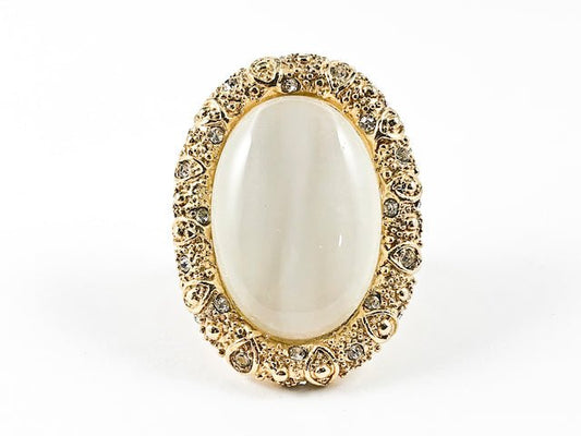 Antique Style Large Oval Shape Center Moon Stone Yellow Gold Tone Steel Ring - HOUSE OF SHE