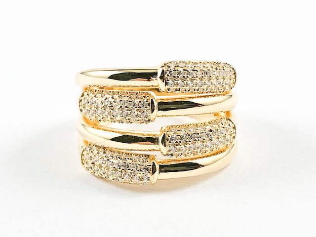 Beautiful Half Shiny Metallic Half Micro CZ Bar Design Pattern Thick Gold Tone Silver Ring - HOUSE OF SHE