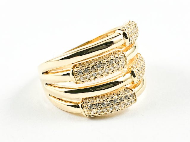 Beautiful Half Shiny Metallic Half Micro CZ Bar Design Pattern Thick Gold Tone Silver Ring - HOUSE OF SHE