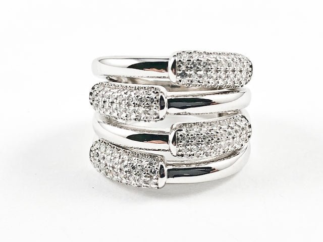 Beautiful Half Shiny Metallic Half Micro CZ Bar Design Pattern Thick Silver Ring - HOUSE OF SHE