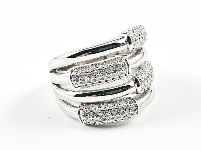 Beautiful Half Shiny Metallic Half Micro CZ Bar Design Pattern Thick Silver Ring - HOUSE OF SHE