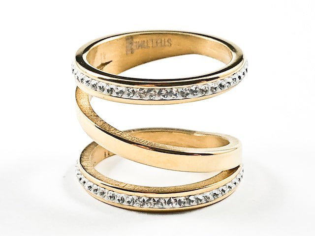 Beautiful Unique Spiral Shape Form With Crystals Gold Tone Steel Ring - HOUSE OF SHE