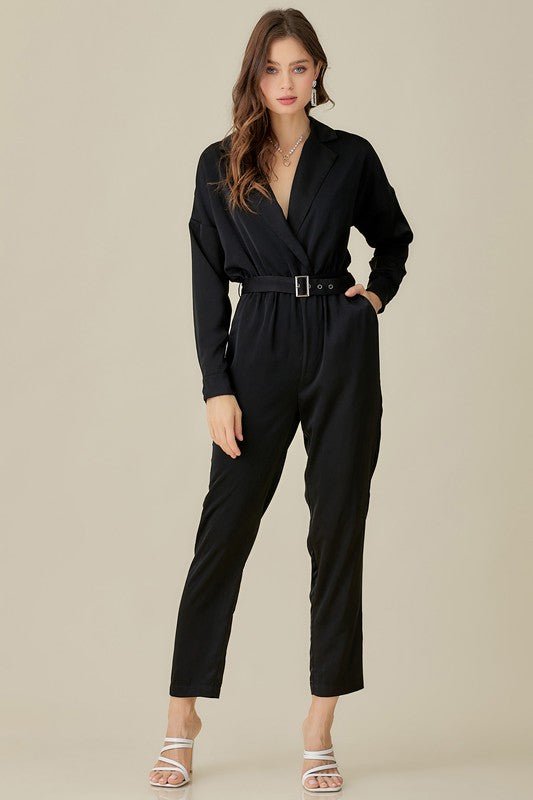 BELTED WAIST COLLARED SATIN JUMPSUIT - HOUSE OF SHE