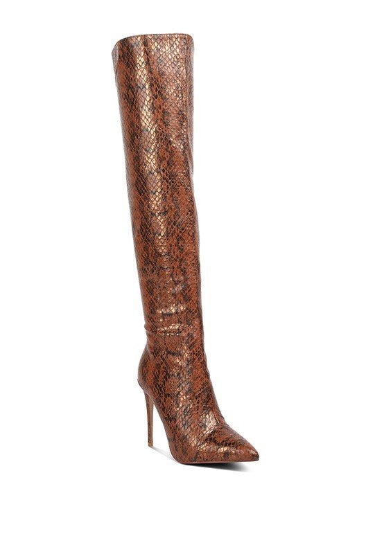 Catalina Snake Print Stiletto Knee Boots - HOUSE OF SHE