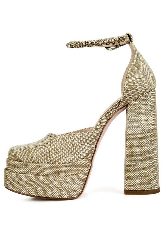 Cosette Embellished Ankle Strap High Block Heel - HOUSE OF SHE