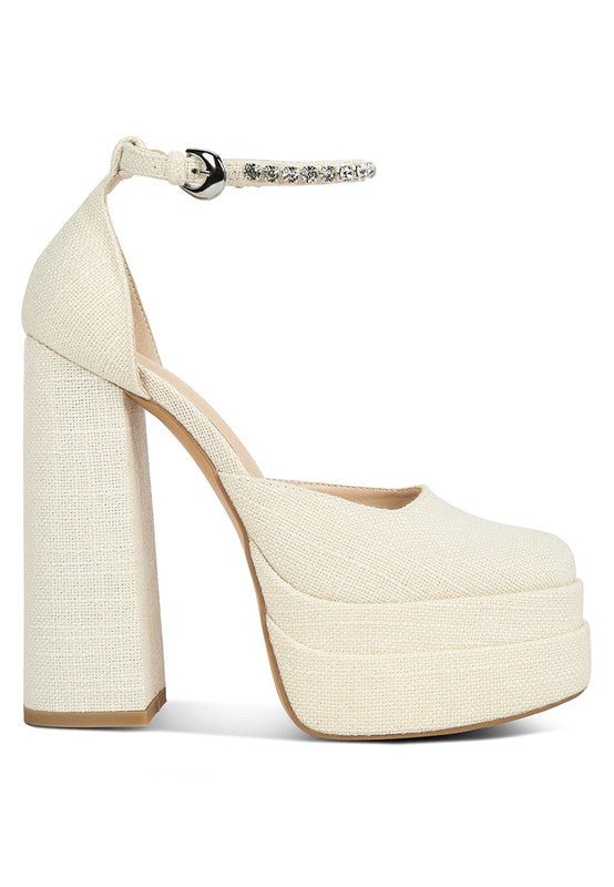 Cosette Embellished Ankle Strap High Block Heel - HOUSE OF SHE