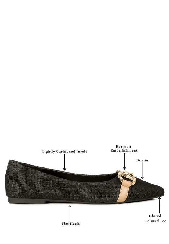 Cressida Denim Horsebit Detail Ballet Flats - HOUSE OF SHE
