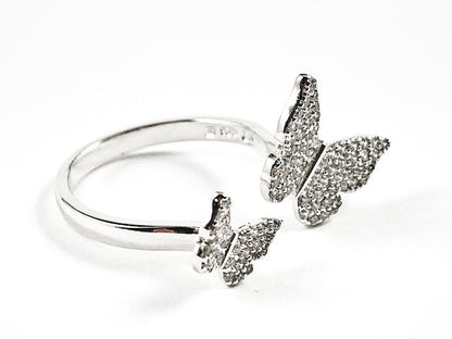 Cute Elegant Duo Butterfly Ends Style Pave CZ Silver Ring - HOUSE OF SHE