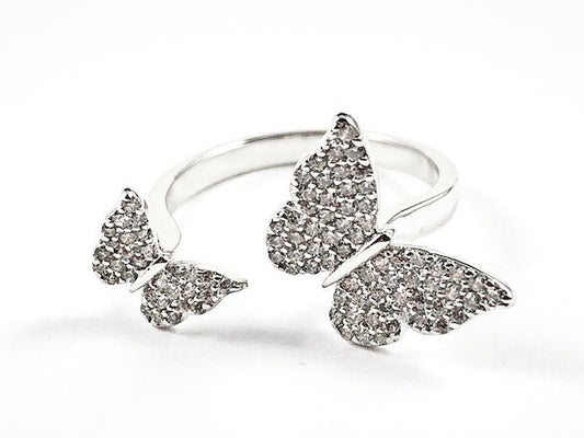 Cute Elegant Duo Butterfly Ends Style Pave CZ Silver Ring - HOUSE OF SHE
