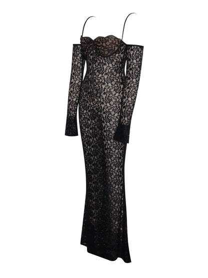 Daya Black Lace Long Sleeve Maxi Dress - HOUSE OF SHE