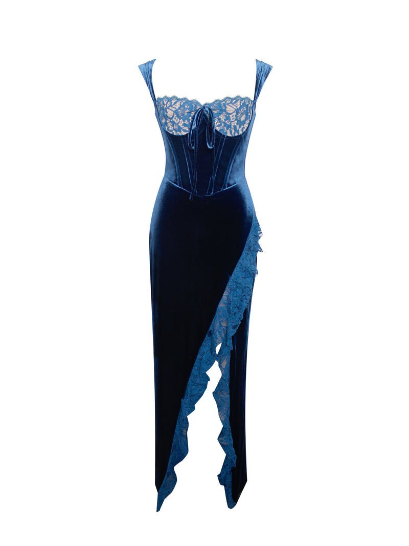 Deco Teal Lace Velvet Maxi Dress - HOUSE OF SHE