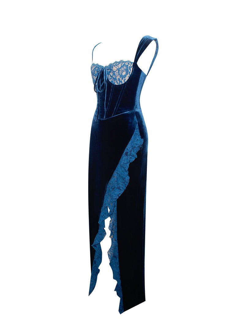 Deco Teal Lace Velvet Maxi Dress - HOUSE OF SHE