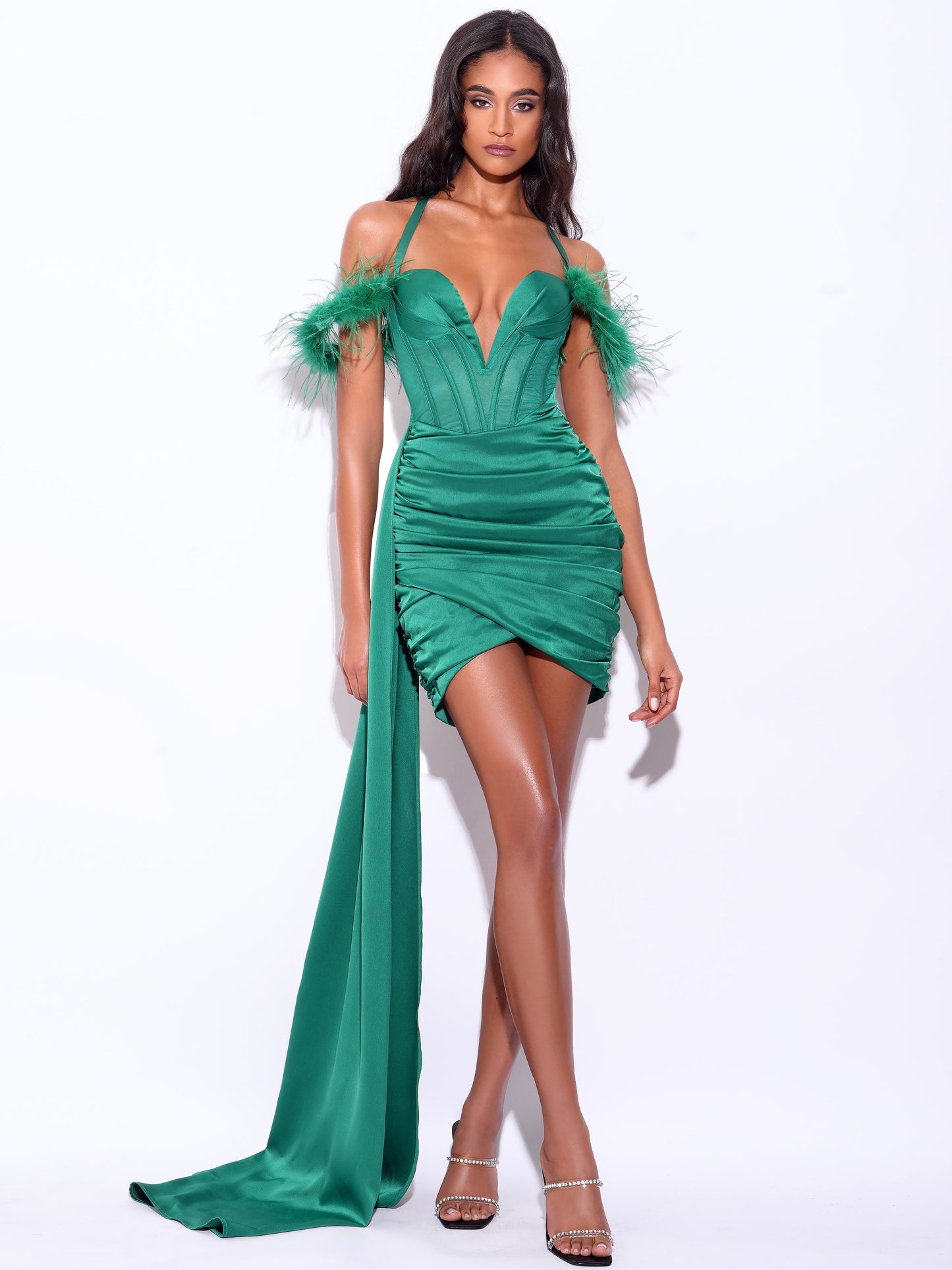 Wilma Emerald Green Satin Corset Draping Dress with Feather Strap