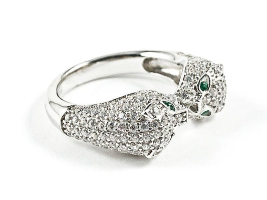 Elegant Beautiful Double Cougar Leopard Duo Design Micro CZ Silver Ring - HOUSE OF SHE