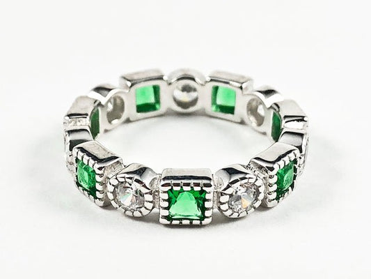 Elegant Beautiful Round & Green Square CZ Eternity Silver Band Ring - HOUSE OF SHE
