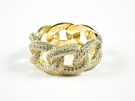 Elegant Chain Link Design Pave CZ Eternity Gold Tone Silver Band Ring - HOUSE OF SHE