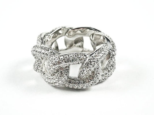 Elegant Chain Link Design Pave CZ Eternity Silver Band Ring - HOUSE OF SHE