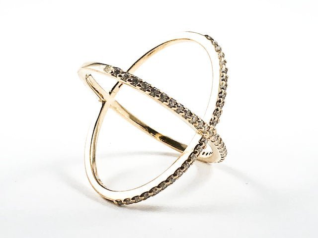 Elegant Large X Shape & Form Open CZ Gold Tone Silver Ring - HOUSE OF SHE