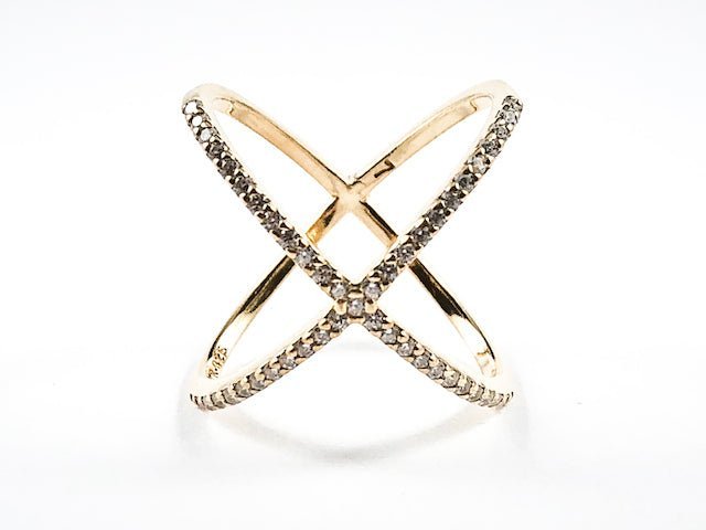 Elegant Large X Shape & Form Open CZ Gold Tone Silver Ring - HOUSE OF SHE