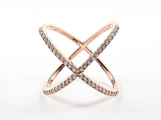 Elegant Large X Shape & Form Open CZ Pink Gold Tone Silver Ring - HOUSE OF SHE