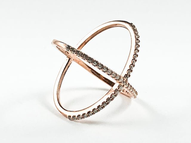 Elegant Large X Shape & Form Open CZ Pink Gold Tone Silver Ring - HOUSE OF SHE