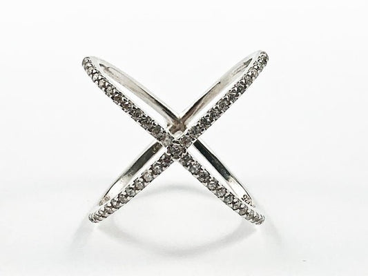 Elegant Large X Shape & Form Open CZ Silver Ring - HOUSE OF SHE