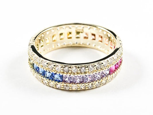 Elegant Multi Color CZ Center Row With Micro CZ Setting Eternity Gold Tone Silver Ring - HOUSE OF SHE