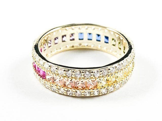 Elegant Multi Color CZ Center Row With Micro CZ Setting Eternity Gold Tone Silver Ring - HOUSE OF SHE