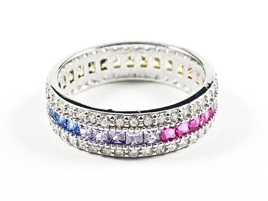 Elegant Multi Color CZ Center Row With Micro CZ Setting Eternity Silver Ring - HOUSE OF SHE