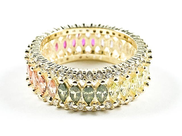 Elegant Multi Color Large Marquise Shape CZ Middle Row Eternity Gold Tone Silver Ring - HOUSE OF SHE