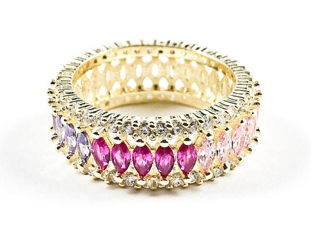 Elegant Multi Color Large Marquise Shape CZ Middle Row Eternity Gold Tone Silver Ring - HOUSE OF SHE