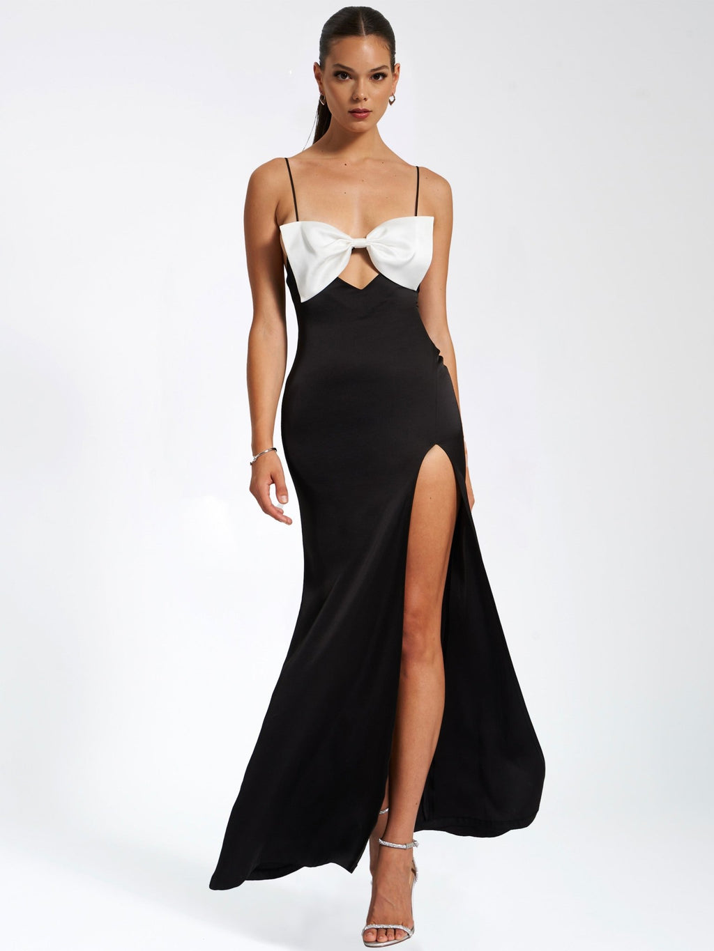 Eli Black and White Bow Satin Dress - HOUSE OF SHE