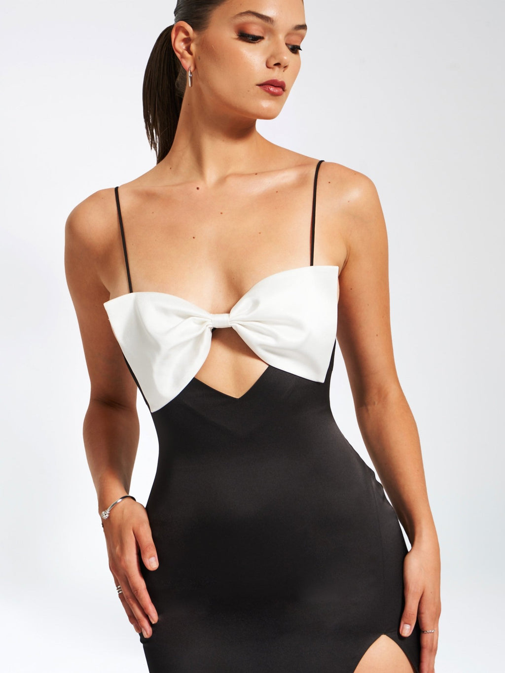 Eli Black and White Bow Satin Dress - HOUSE OF SHE