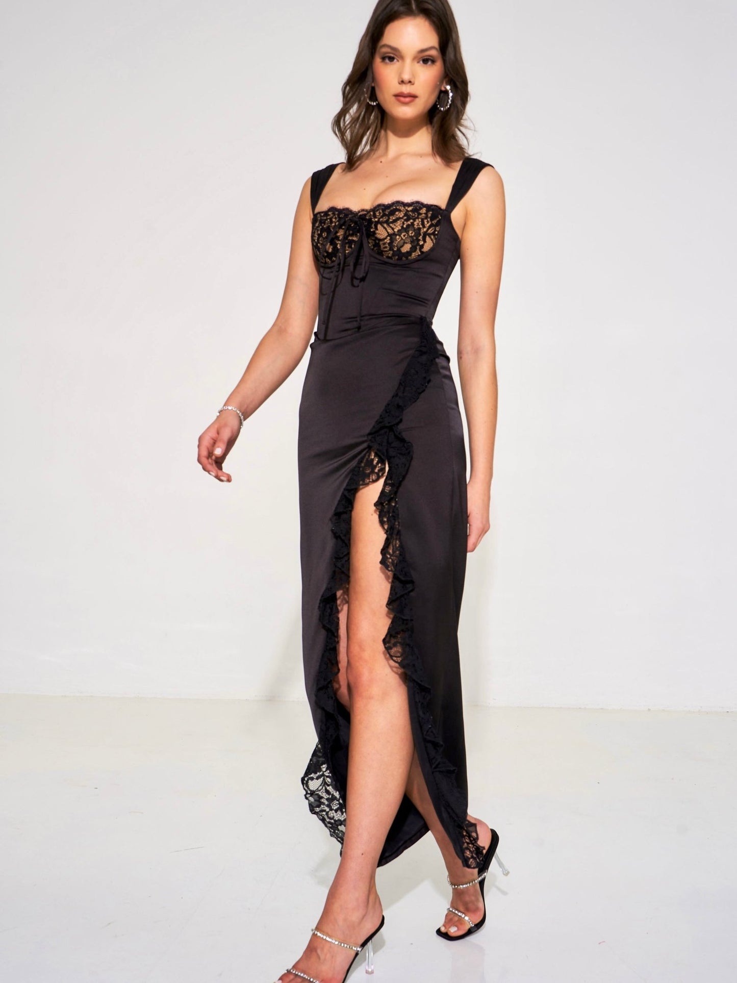 Freddie Black Lace Satin Maxi Corset Dress - HOUSE OF SHE