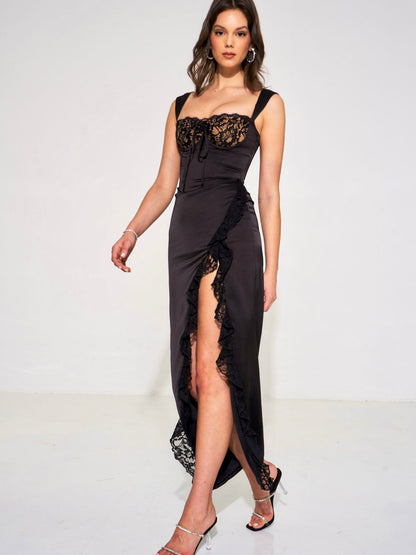 Freddie Black Lace Satin Maxi Corset Dress - HOUSE OF SHE