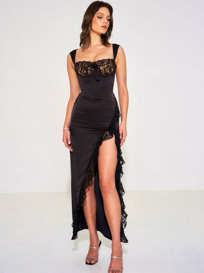 Freddie Black Lace Satin Maxi Corset Dress - HOUSE OF SHE