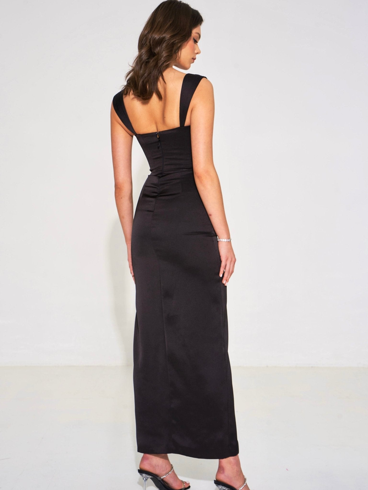 Freddie Black Lace Satin Maxi Corset Dress - HOUSE OF SHE