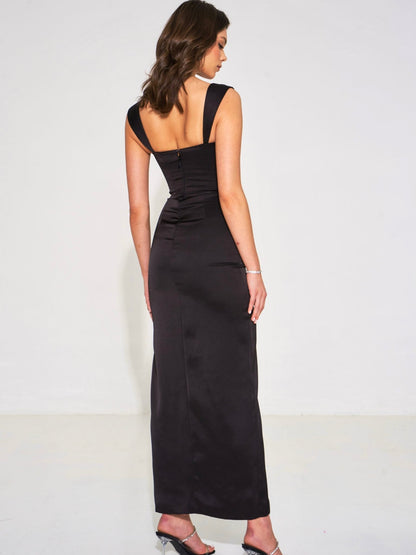 Freddie Black Lace Satin Maxi Corset Dress - HOUSE OF SHE