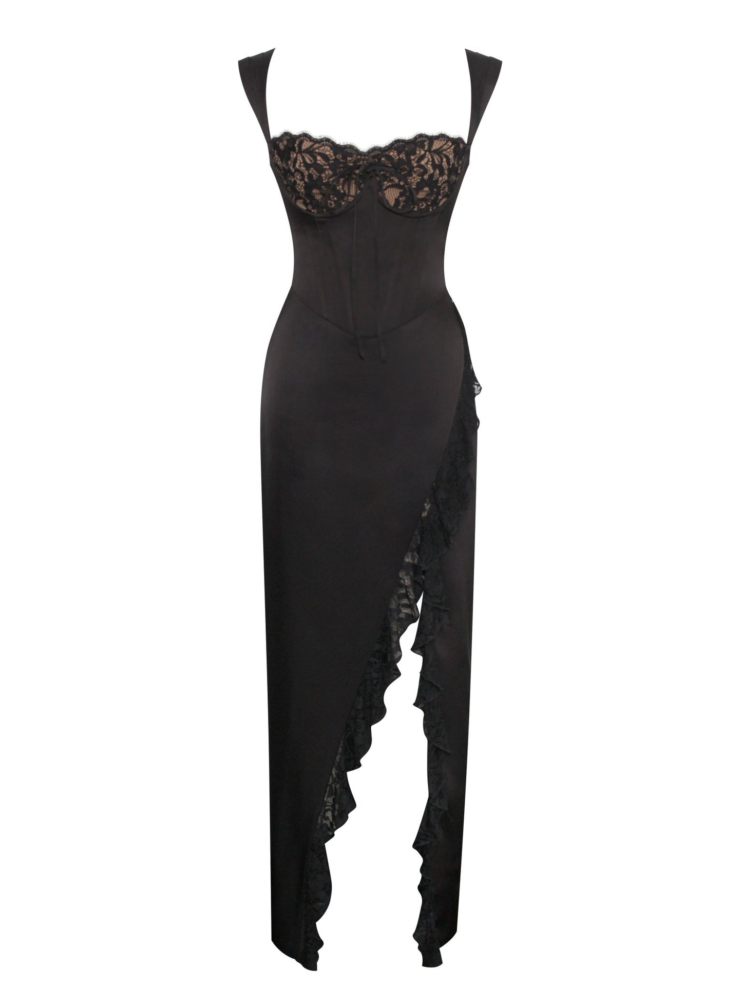 Freddie Black Lace Satin Maxi Corset Dress - HOUSE OF SHE