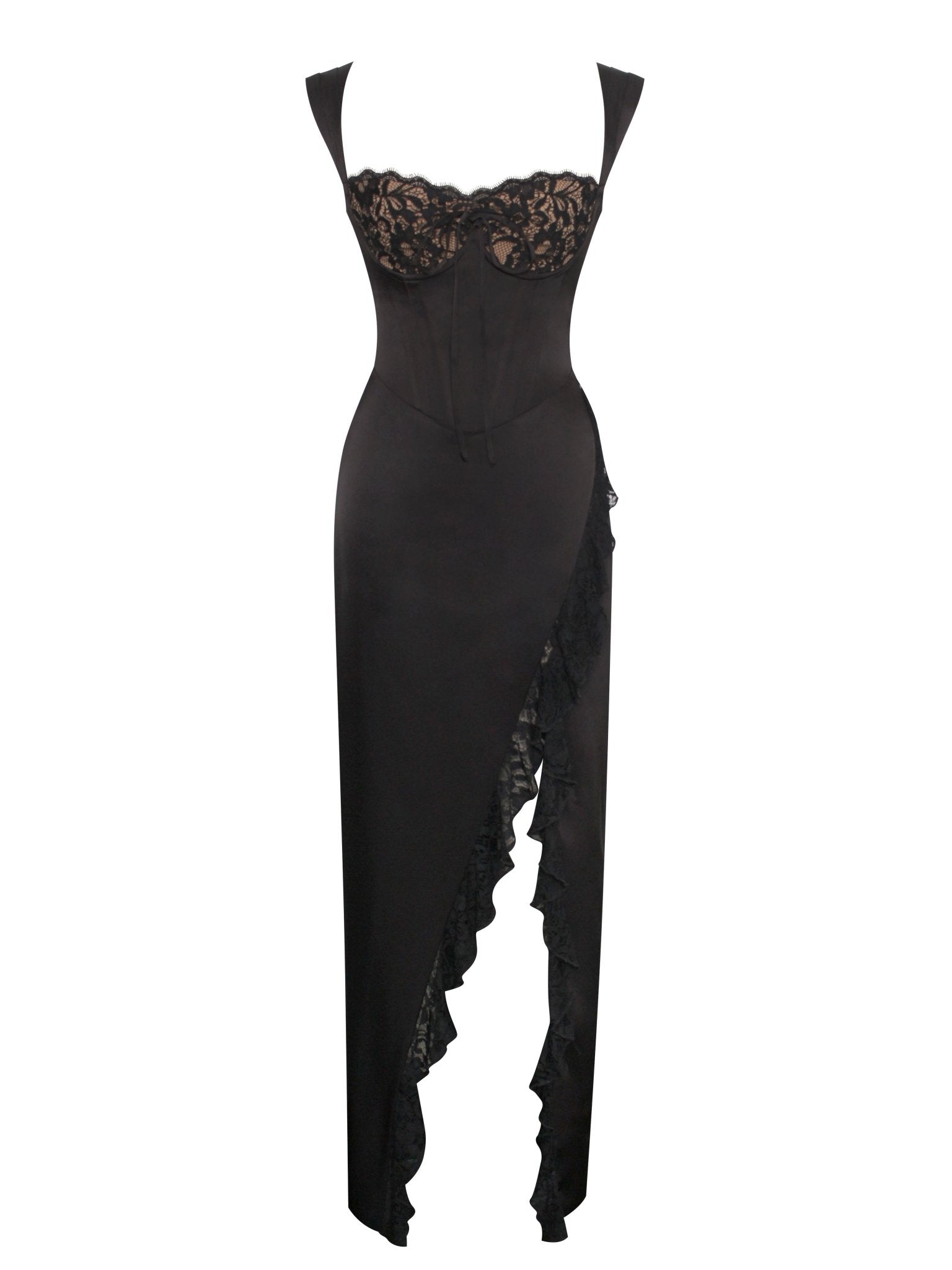 Freddie Black Lace Satin Maxi Corset Dress - HOUSE OF SHE