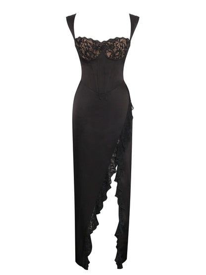 Freddie Black Lace Satin Maxi Corset Dress - HOUSE OF SHE