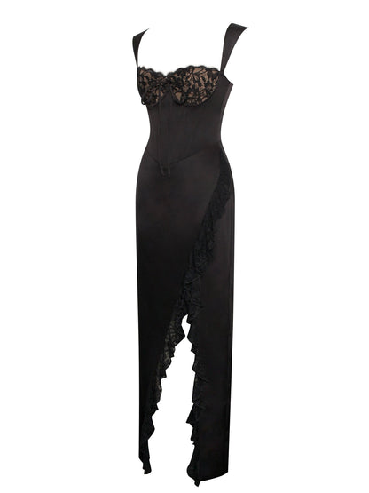 Freddie Black Lace Satin Maxi Corset Dress - HOUSE OF SHE