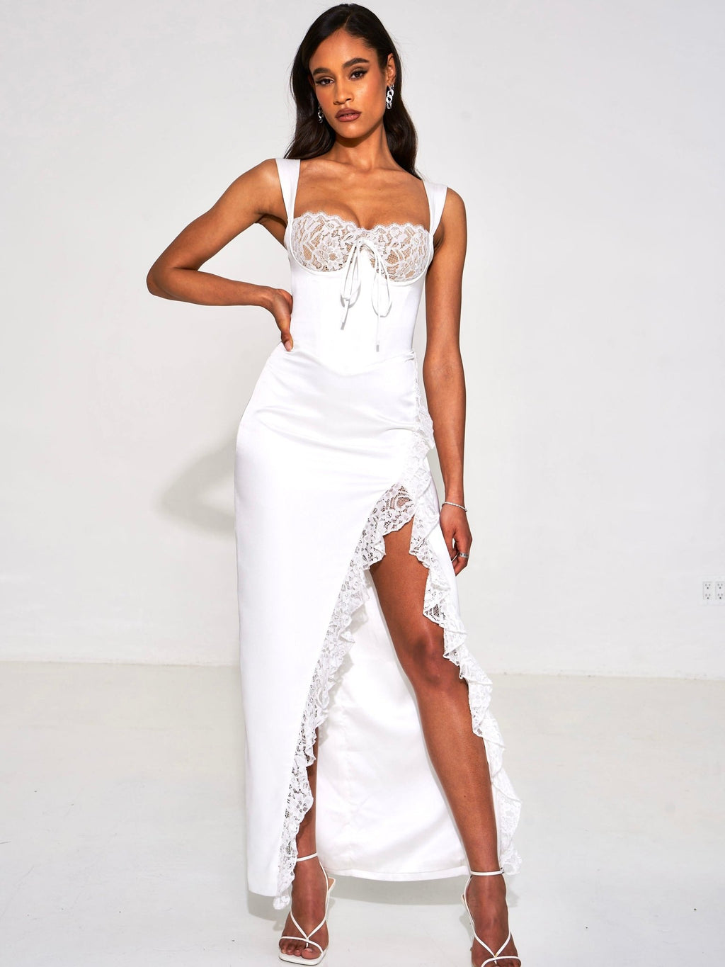 Freddie White Lace Satin Maxi Corset Dress - HOUSE OF SHE