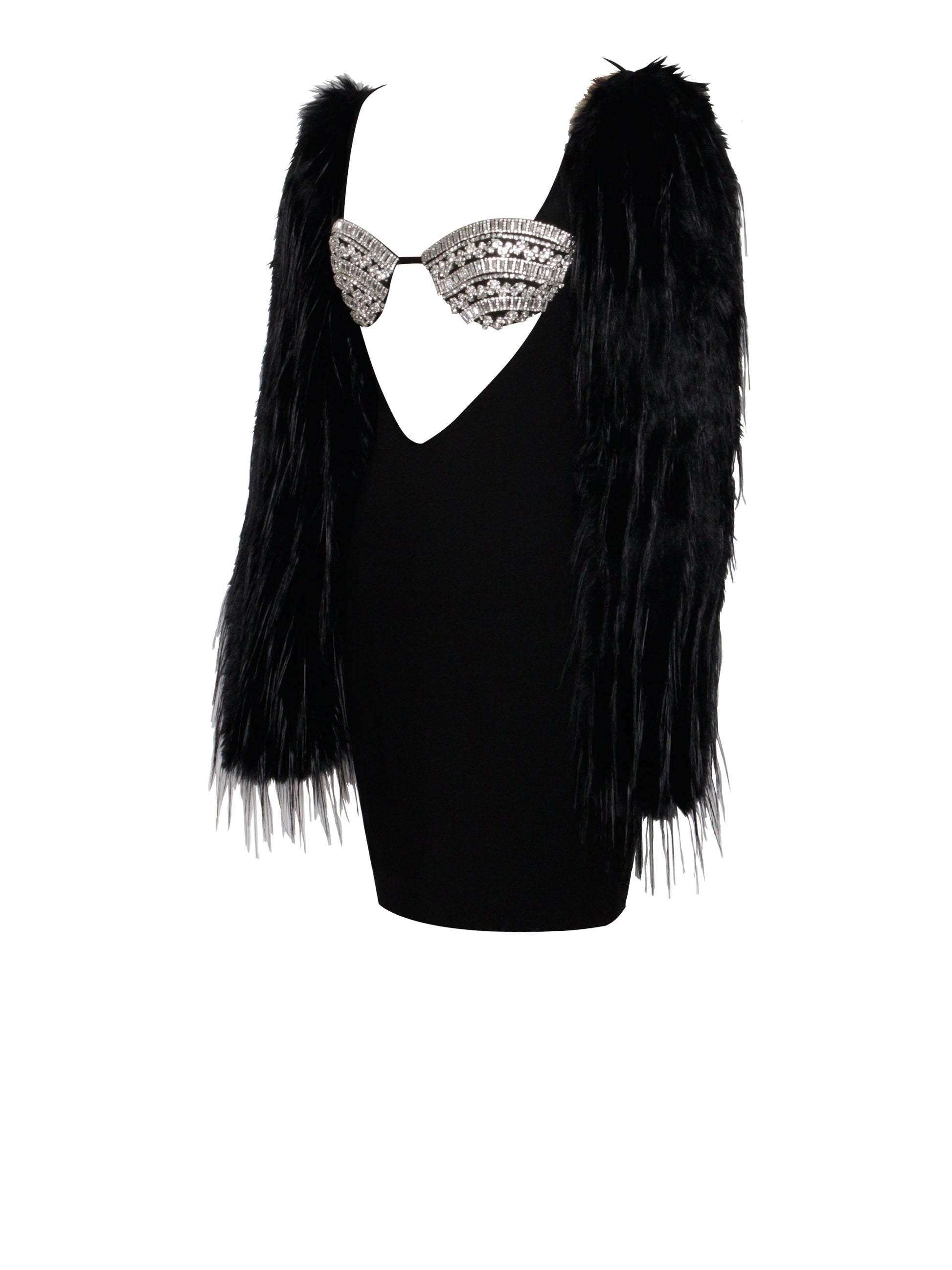 Idonea Black Faux Fur Sleeve Crystal Bustier Dress - HOUSE OF SHE