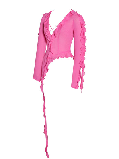 Kellie Fuchsia Long Sleeve Draping Ruffle Top - HOUSE OF SHE